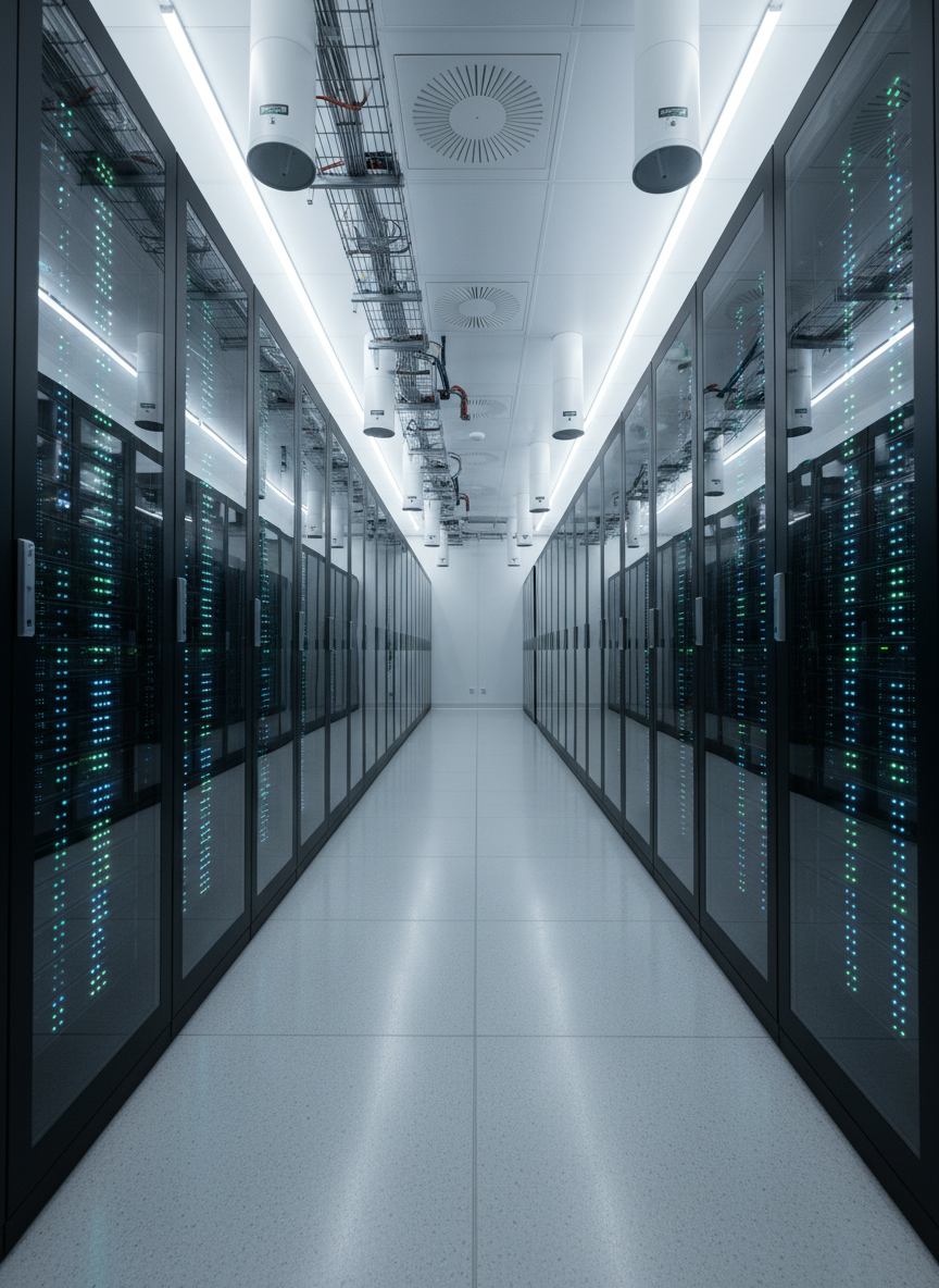 A high-tech server room corridor with tall, black rack cabinets stretching into the background, each filled with neatly arranged servers emitting subtle blue and green indicator lights. Above the aisle, slim aerosol fire suppression units are evenly spaced along the white ceiling, their minimal industrial design blending with cable trays and ventilation ducts. Soft, cool-white LED lighting bathes the corridor, creating a faint gleam on the polished anti-static floor and crisp reflections on the cabinet glass doors. Shot from a low, central perspective down the aisle, the image has strong leading lines and deep focus. The photographic, ultra-clean aesthetic conveys continuity of operations, precision engineering, and invisible, always-on fire protection.