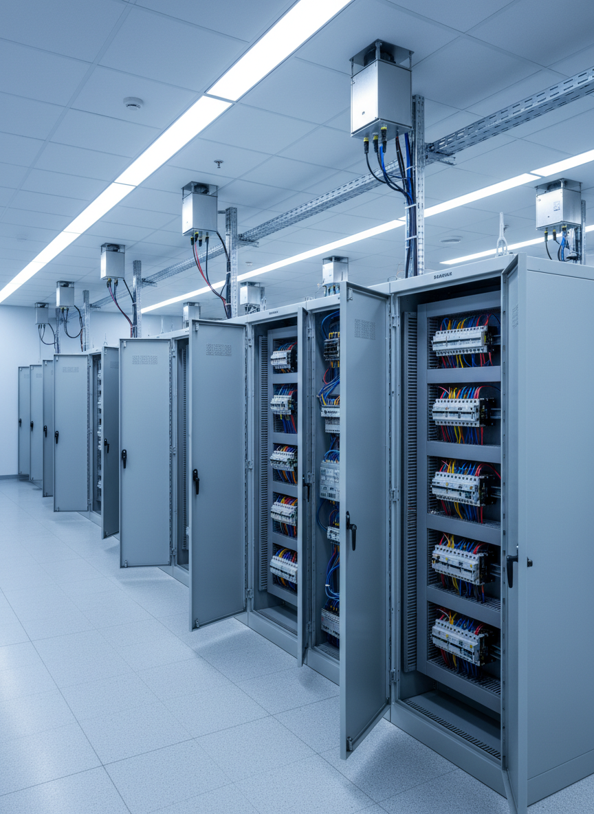 A meticulously organized electrical panel room featuring multiple grey metal switchgear cabinets with open doors, revealing dense arrays of color-coded wiring and labeled breakers. Discreet aerosol fire suppression modules are mounted above and between the cabinets, their compact metallic bodies contrasting with the matte surfaces of the panels. Neutral, evenly distributed LED ceiling lights provide bright, shadow-free illumination that highlights every edge and label. The camera is positioned at a wide eye-level view, capturing the depth of the room and the strategic placement of suppression units. Photographic realism, clean lines, and a cool color palette create a professional, highly technical atmosphere focused on safety and infrastructure protection.
