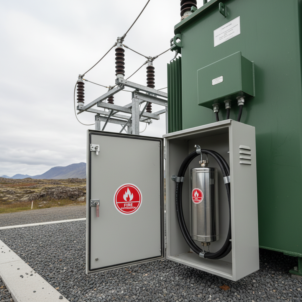A rugged transformer substation enclosure sitting on a gravel pad, with a compact aerosol fire suppression device installed inside an open steel control cabinet. The green-painted transformer housing, thick insulated cables, and galvanized support structures frame the shiny metallic suppression unit with its bold red safety insignia. Overcast daylight provides soft, diffused illumination, reducing harsh shadows and ensuring every surface detail is visible. Captured from a slightly low angle at close range, the suppression unit dominates the foreground while the wider infrastructure remains clearly legible in the background. Photographic realism with a subdued, professional color palette communicates resilience, outdoor reliability, and critical infrastructure protection in Iceland’s demanding conditions.