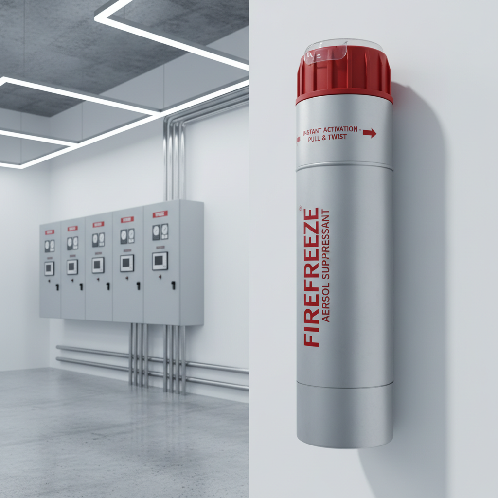 A sleek, cylindrical aerosol fire suppression unit with a matte silver body, precise red labeling, and a reinforced activation cap, mounted high on a clean white wall in a modern industrial space. Below, neatly arranged electrical cabinets and metal conduit lines run along a polished concrete floor. Cool, diffused overhead LED lighting casts crisp, professional shadows, emphasizing the device’s contours and technical details. Shot at eye level with a slight three-quarter angle, the composition uses the rule of thirds to position the unit as the clear focal point. Photographic realism with a clean, modern aesthetic conveys reliability, advanced technology, and quiet readiness for instant fire protection.
