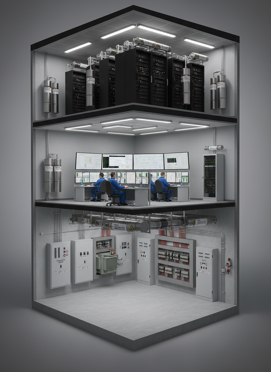 A cross-section style interior view of a modern technical facility, showing layered spaces: a basement electrical room, a ground-level control room, and an upper-floor data center. In each zone, compact aerosol fire suppression units are tactically installed near electrical panels, cable trays, and server racks, their metallic cylinders rendered with precise labels and mounting brackets. Neutral architectural finishes—light grey walls, sealed concrete floors, and acoustic ceiling tiles—surround the equipment. Soft, even artificial lighting throughout creates a calm, analytical atmosphere. The image is captured in a wide, slightly isometric photographic style, with clear depth and sharp focus in all areas, emphasizing holistic building protection and system-wide safety engineering.