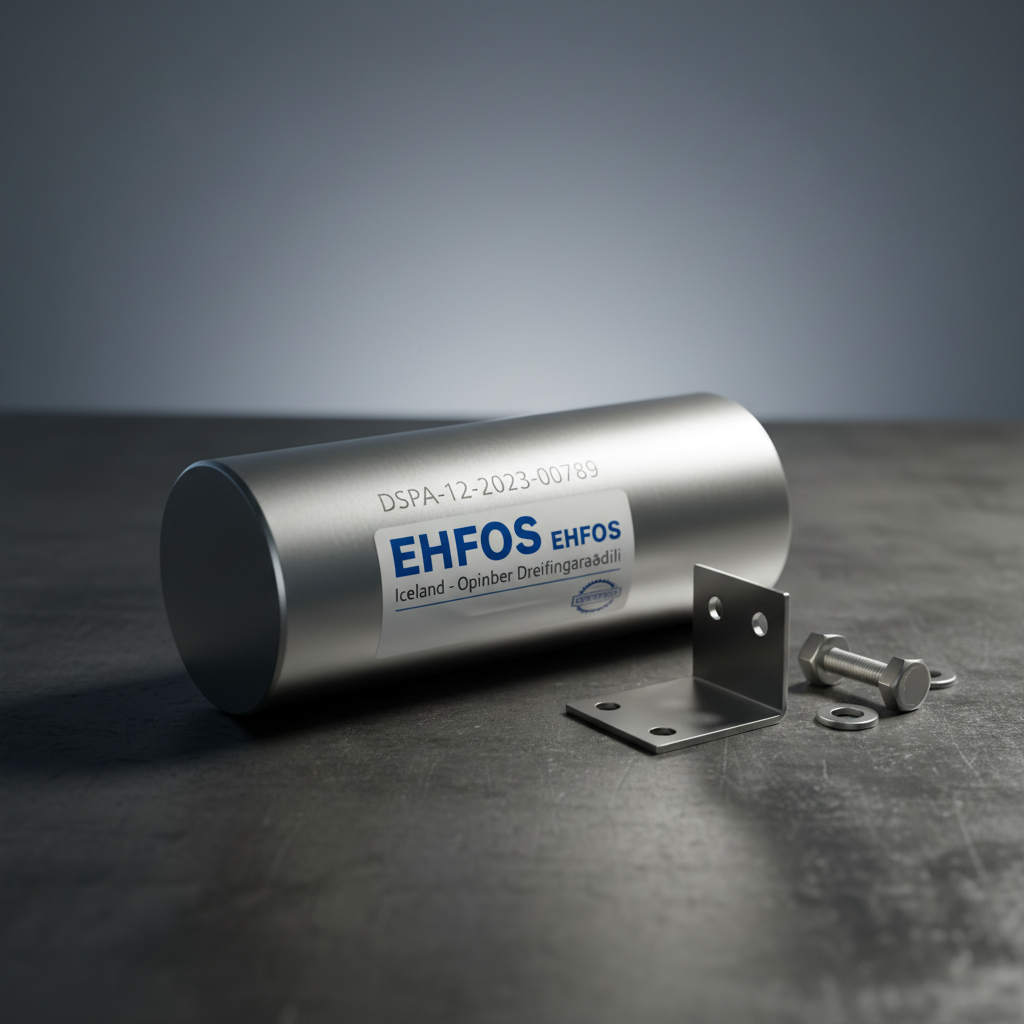 A close-up, product-focused shot of a single DSPA aerosol fire suppression generator placed on a dark, matte technical workbench. The unit’s brushed metal surface, engraved serial number, and crisp Icelandic distribution label are captured in extreme detail, with a small stainless-steel mounting bracket and hex bolts arranged precisely beside it. A subtle gradient backdrop transitions from charcoal to slate grey, while directional studio lighting from the upper left creates defined highlights along the cylinder’s curve and delicate shadows on the table. Shot from a slightly elevated macro perspective with shallow depth of field, the foreground text is razor sharp and the background gently blurred. The photographic, minimalist composition communicates premium quality, certification, and trusted local distribution.