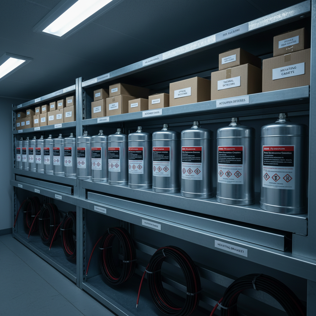 A row of compact DSPA-style aerosol fire suppression generators with brushed aluminum casings and clear, legible safety markings, aligned precisely on a steel rack in a technical storage room. Surrounding them are neatly labeled boxes of fire-protection components and coiled cabling on shadowed shelves. Cool, balanced fluorescent lighting from above creates subtle reflections on the metal surfaces and soft shadows underneath the cylinders. Captured from a slightly elevated angle with sharp focus throughout, the composition highlights orderliness and professional maintenance. The photographic, high-resolution style and calm, controlled atmosphere emphasize preparedness, engineering precision, and trust in advanced fire suppression solutions.