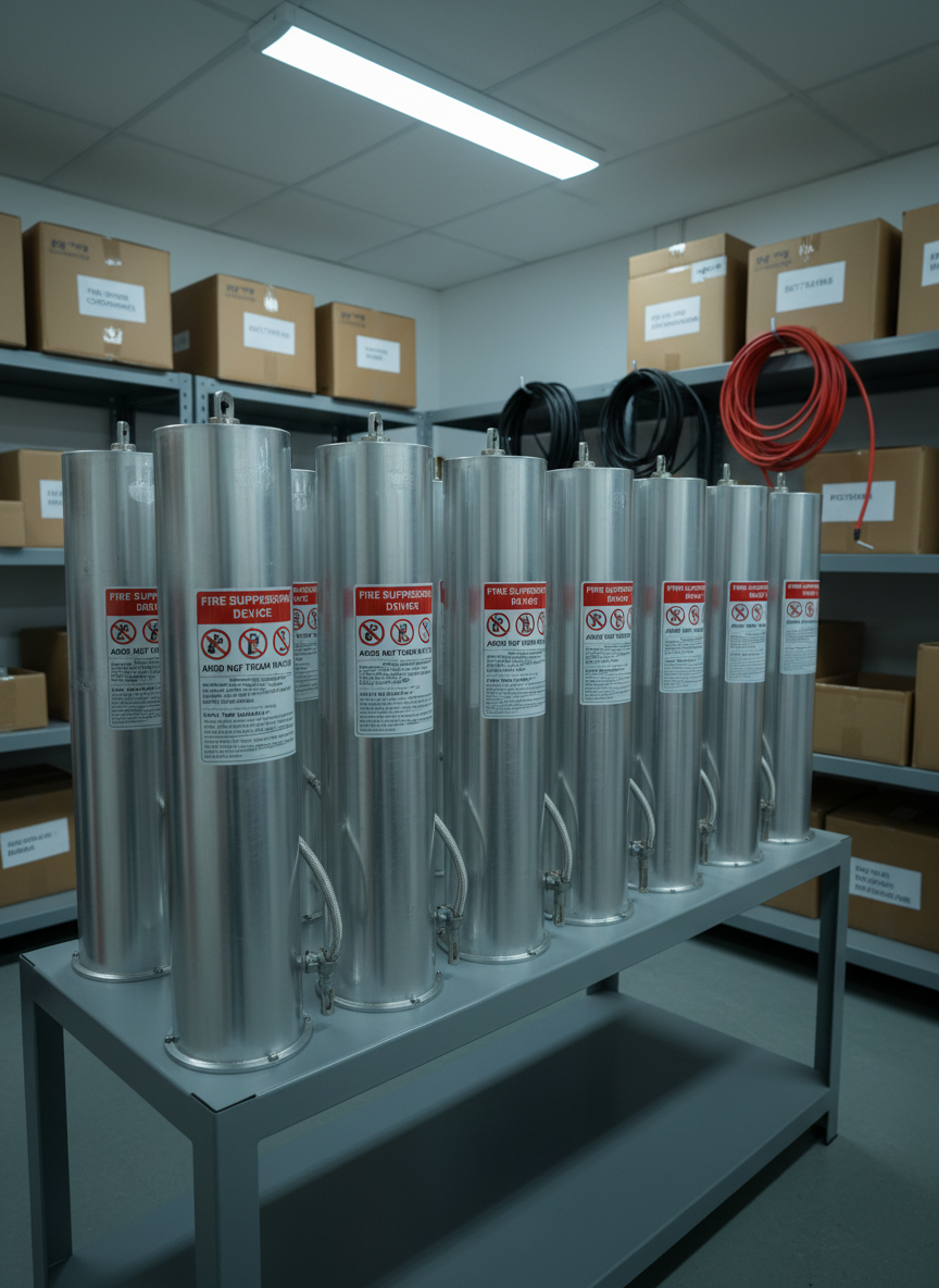 A row of compact DSPA-style aerosol fire suppression generators with brushed aluminum casings and clear, legible safety markings, aligned precisely on a steel rack in a technical storage room. Surrounding them are neatly labeled boxes of fire-protection components and coiled cabling on shadowed shelves. Cool, balanced fluorescent lighting from above creates subtle reflections on the metal surfaces and soft shadows underneath the cylinders. Captured from a slightly elevated angle with sharp focus throughout, the composition highlights orderliness and professional maintenance. The photographic, high-resolution style and calm, controlled atmosphere emphasize preparedness, engineering precision, and trust in advanced fire suppression solutions.
