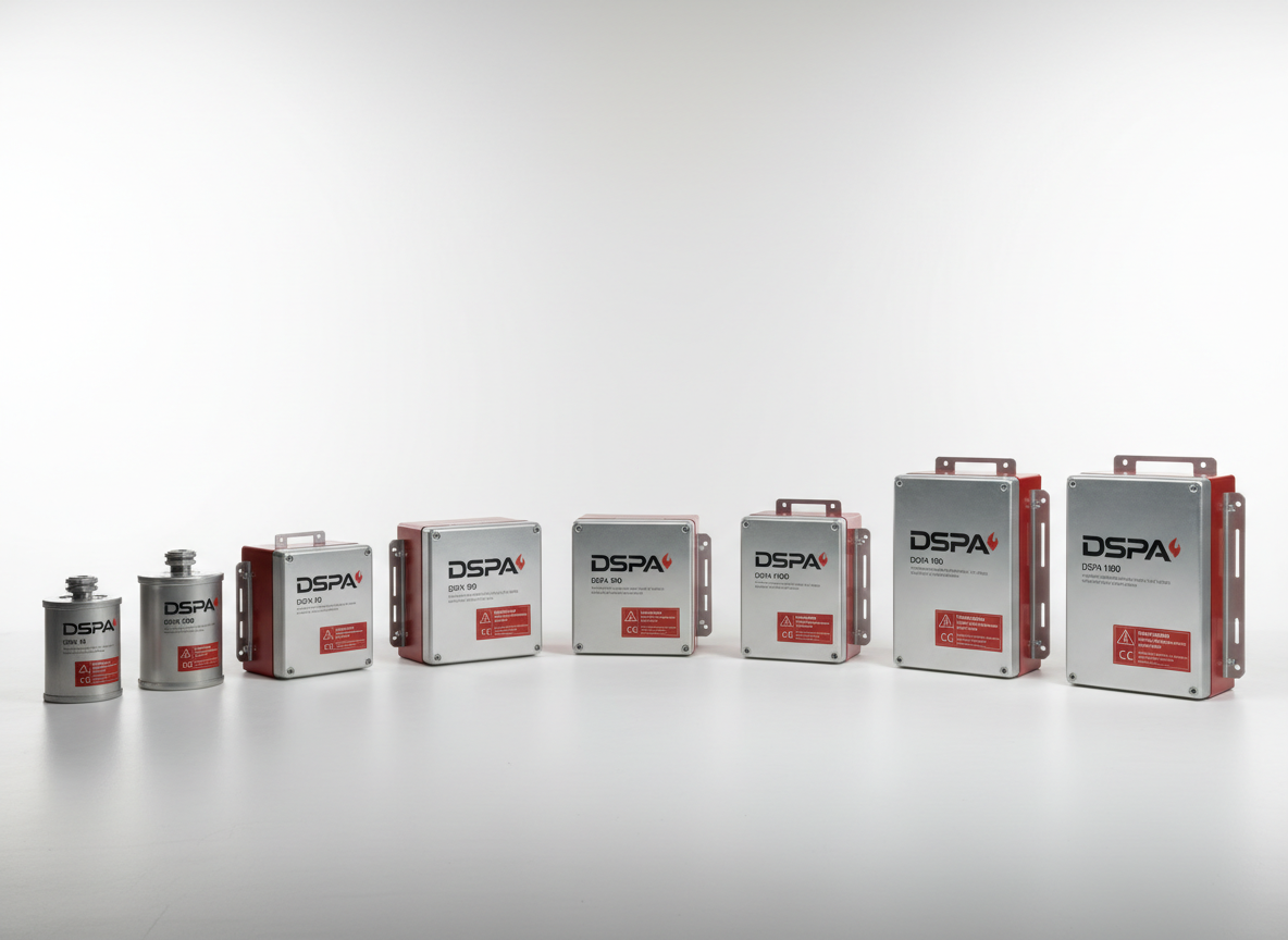 A clean, photographic realism product lineup of several DSPA aerosol fire suppression units arranged on a matte white surface in a studio setting. Different model sizes and shapes are displayed in a gentle arc, from compact cylindrical units to larger rectangular modules, all featuring consistent branding and precise labeling. Neutral, soft studio lighting from both sides eliminates harsh shadows and brings out the fine textures of metal casings and mounting brackets. The background fades to pure white with a subtle gradient, creating a minimal, professional look. Captured at a slightly elevated angle with shallow depth of field focusing on the central units, the composition is ideal for a catalog or B2B portal, emphasizing product variety and engineering quality.