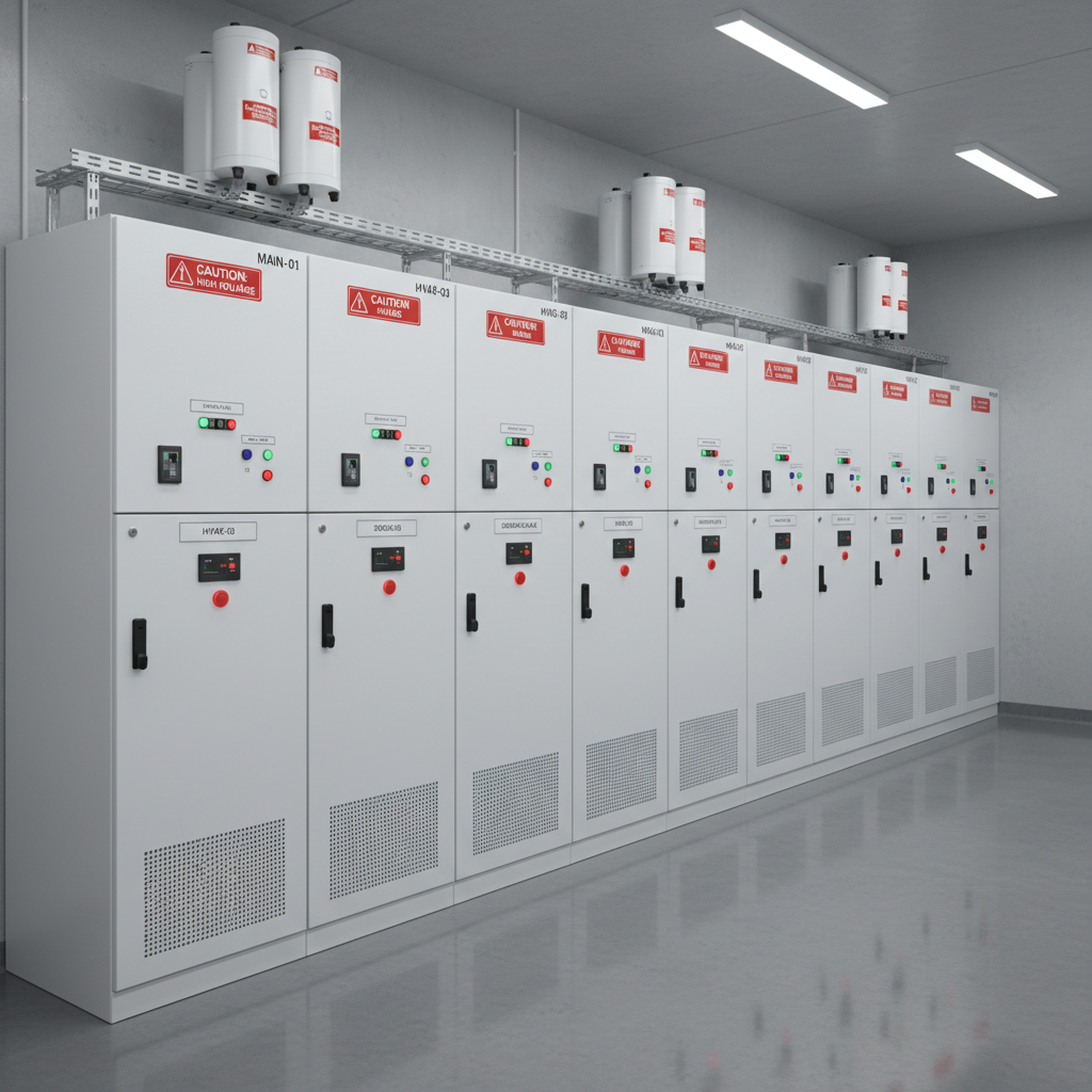 A wide, photographic realism shot of a pristine electrical room featuring multiple white metal electrical panels and switchboards lined up against a smooth, light gray wall. Each panel has clearly labeled doors, indicator lights, and warning signs, with aerosol fire suppression generators discreetly mounted above them on a metal rail. The floor is polished epoxy in a neutral tone, reflecting some of the overhead cool-white LED lighting. The atmosphere feels orderly, secure, and professionally maintained. Captured from a slightly elevated angle with sharp focus throughout, the composition highlights the integration of fire safety technology into critical infrastructure, presenting a clean, modern, and highly organized technical environment.