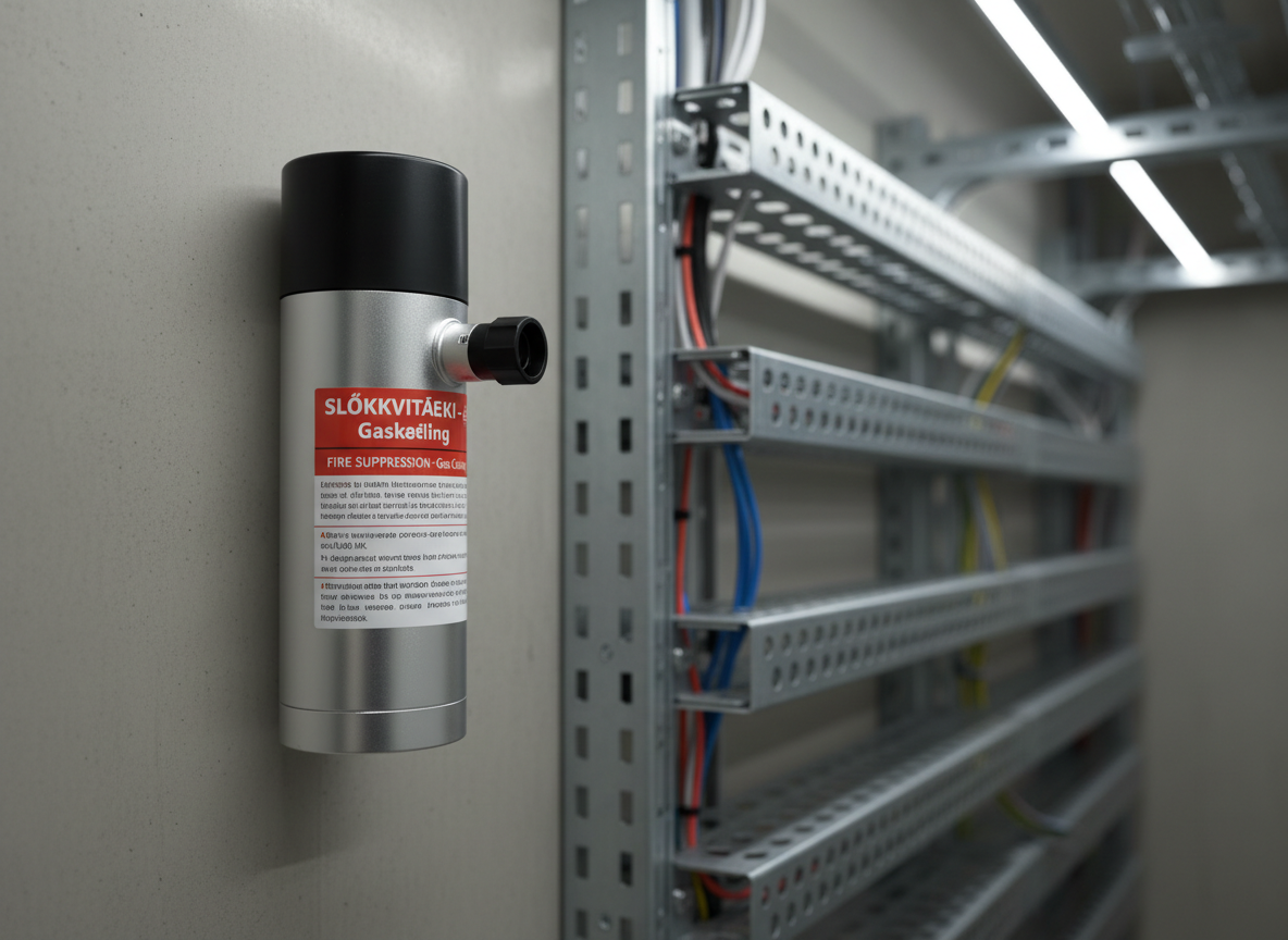 A close-up, photographic realism image of a compact, cylindrical aerosol fire suppression unit with a matte silver body and clearly printed safety labels in Icelandic and English. It is mounted cleanly on a light gray concrete wall in a modern technical facility, with neatly organized metal cable trays and conduits running horizontally behind it. Cool, diffused LED ceiling lighting creates crisp highlights on the metal surface and soft shadows along the wall, emphasizing precision and reliability. Shot at eye level with a slight three-quarter angle, the composition uses the rule of thirds and a shallow depth of field, leaving the background subtly blurred to keep focus on the device’s robust build and professional installation.