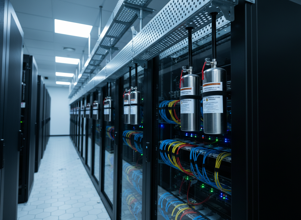 A highly detailed, photographic realism interior of a modern server room filled with tall, black network racks housing neatly managed cables and glowing status LEDs. Above the racks, compact aerosol fire suppression canisters in brushed steel are mounted at regular intervals along a cable tray, each with visible activation cords and clear identification markings. The environment is bathed in cool, evenly distributed LED lighting from the ceiling, creating subtle reflections on the metal surfaces and a calm, high-tech mood. Shot from a low-angle perspective down the aisle between racks, with strong leading lines and sharp depth of field, the image communicates reliability, protection, and advanced fire safety in mission-critical technical spaces.
