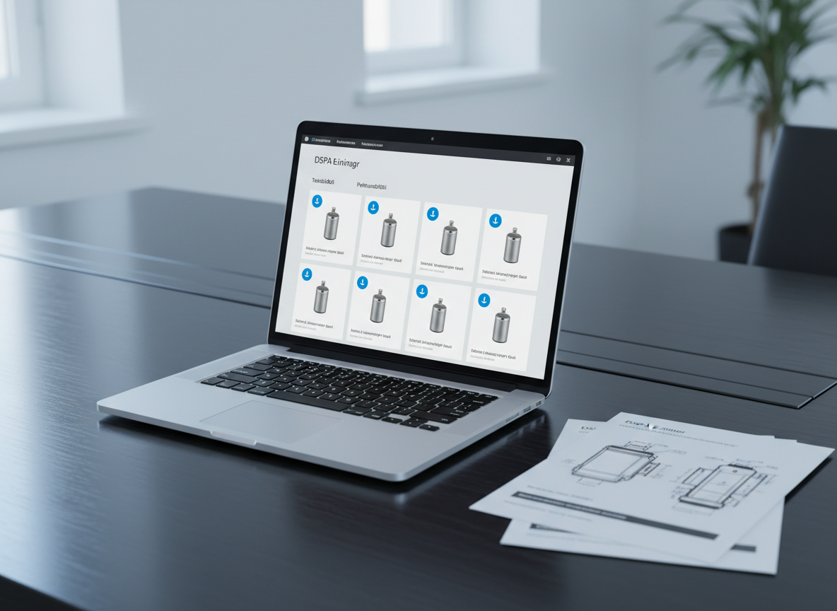 A photographic realism dashboard-style scene of a sleek laptop placed on a dark, brushed metal desk in a minimalist office environment, showing a contractor portal interface for aerosol fire suppression ordering on the screen. The interface displays organized product cards with small, realistic thumbnails of DSPA units, datasheet download icons, and clear Icelandic headings. Next to the laptop lies a neatly stacked set of printed technical datasheets with sharp black-and-white diagrams of suppression devices. Soft, cool daylight filters in from an unseen window, creating gentle reflections on the laptop’s aluminum body and a calm, professional mood. Shot from a three-quarter elevated angle with moderate depth of field, the composition emphasizes digital B2B access to technical fire safety solutions.