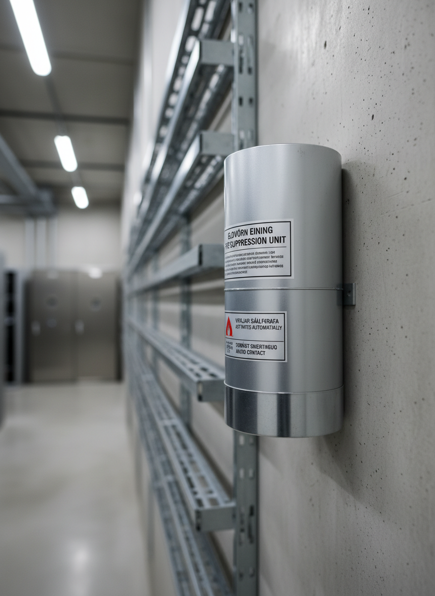 A close-up, photographic realism image of a compact, cylindrical aerosol fire suppression unit with a matte silver body and clearly printed safety labels in Icelandic and English. It is mounted cleanly on a light gray concrete wall in a modern technical facility, with neatly organized metal cable trays and conduits running horizontally behind it. Cool, diffused LED ceiling lighting creates crisp highlights on the metal surface and soft shadows along the wall, emphasizing precision and reliability. Shot at eye level with a slight three-quarter angle, the composition uses the rule of thirds and a shallow depth of field, leaving the background subtly blurred to keep focus on the device’s robust build and professional installation.